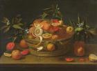 Still life with lemon, orange and pomegranate (oil on wood)