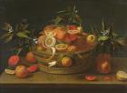 Still life with lemon, orange and pomegranate (oil on wood)