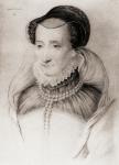 Jeanne D'Albret, 1528-72, queen of Navarre (1555-72), daughter of Henri d'Albret and Margaret of Navarre, and mother of King Henry IV of France (Henry III of Navarre).From an engraving after a drawing attributed to François Clouet.