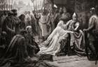 The wife of King Edward III, queen Philippa of Hainault, intercedes before her husband to ask that the lives of the seven Burghers of Calais be spared. From Hutchinson's History of the Nations, published 1915.