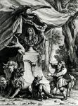 Allegorical portrait of Jean de La Fontaine (1621-95) surrounded by animals from his fables (engraving) (b/w photo)