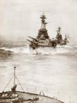 Battleships from a Battle Squadron of the Grand Fleet patrolling the North Sea in 1916 during World War I. From The Story of 25 Eventful Years in Pictures, published 1935.