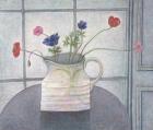 Anemones and Poppies, 2008 (oil on canvas) jug; flowers; still life; inetrior; window; table; white jug;