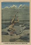 A swimming champion attacked by a sea monster, back cover illustration from 'Le Petit Journal', supplement illustre, 16th February 1913 (colour litho)