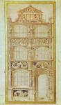 Proposal for the facade of a three-story house and a gable (pen and ink on paper)