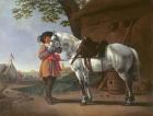 A Cavalier with a Grey Horse (oil on panel)