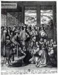 Louis XIII (1601-43) back from the siege of La Rochelle, congratulated by the Prevot des Marchands (engraving) (b/w photo)