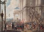Catherine II on the Balcony of the Winter Palace, greeted by Guards and People on the Day of the Palace Revolution, 28th June, 1762 (colour litho)