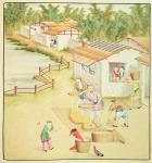 Chinese Peasants Sifting Rice (colour litho)