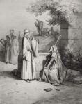 Eliezer and Rebekah, Genesis 24:15-21, illustration from Dore's 'The Holy Bible', engraved by Piaud, 1866 (engraving)