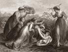 The infant Moses is found in the bulrushes on the river bank by the Pharaoh's daughter. From a 19th century print.