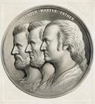 Medallion showing Ulysses S. Grant, Abraham Lincoln and George Washington as Defender, Martyr and Father, 1870 (litho)