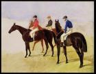 Study of Three Steeplechase Cracks: Allen McDonough on Brunette, Tom Oliver on Discount and Jem Mason on Lottery, or Three Racehorses with Jockeys Up (oil on canvas)