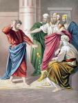 Judas repents and in remorse, returns the thirty pieces of silver (colour litho)