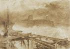 Study for 'Blue Lights' Tynemouth Pier - Lighting the Lamps at Sundown (brown wash & scraping out on paper)