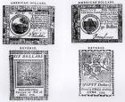 A colonial six dollar bill of 1776 and an American fifty dollar bill of 1779 (engraving) (b/w photo)