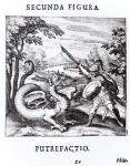 A knight defeating 'Rot' which is embodied by a dragon, from 'Musaeum Hermeticum Reformatum' by Basil Valentine, 1678 (engraving) (b/w photo)