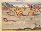 A Family Crossing a River, from 'Brevis Narratio..', engraved by Theodore de Bry (1528-98) published in Frankfurt, 1591 (coloured engraving)