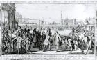 King Louis XIV (1638-1715) Receives James II (1633-1701) at Saint-Germain en-Laye (engraving) (b/w photo)