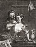Older man seducing a young woman, after an 18th century work by Jacob van Schuppen. From Illustrierte Sittengeschichte vom Mittelalter bis zur Gegenwart by Eduard Fuchs, published 1909.