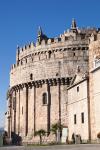 Avila, Avila Province, Spain. The apse of the Romanesque-Gothic cathedral which was built partly as a fortress. The apse is a fortified tower embedded into the defensive town walls.