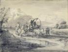 Open Landscape with Herdsman and Covered Cart, c.1780-85 (grey and black wash and chalk laid on paper)