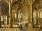 Interior of a Gothic style church with three naves (oil on canvas)
