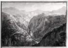 Scene from the Inn at Devil's Bridge with the Fall of the Rhydal, from 'Views in England, Scotland and Wales', 1804 (grey wash over graphite on wove paper) (b/w photo)