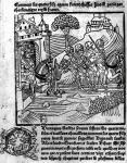 The Four Sons of Aymon are chased away by Charlemagne (742-814), king of France, from 'Renaud' or 'Les Quatre Fils Aymon', c.1483 (xylograph) (b/w photo)