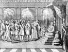 The Viceroy of Canton giving an audience to Commodore Anson from 'George Anson's Voyage around the World in the years 1740-1744' (engraving) (b/w photo)