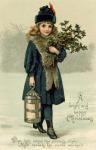 Young girl with Holly and Lantern, postcard, early 20th century (colour litho)