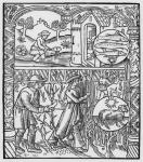 March, fishing and pruning trees, Pisces, illustration from the 'Almanach des Bergers', 1491 (xylograph) (b/w photo)