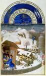 Facsimile of February: farmyard scene with peasants, copied from 'from the 'Tres Riches Heures du Duc de Berry' (vellum) (for original see 8434)
