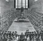 King James I (1566-1625) in the Houses of Parliament, 1624 (engraving) (b/w photo)