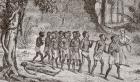 A group of captured Africans being led away by a white slaver. From L'Univers Illustre published in Paris in 1868.