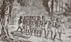 A group of captured Africans being led away by a white slaver. From L'Univers Illustre published in Paris in 1868.