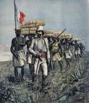 Lieutenant Mizon (1853-99) on his 1892 Mission of Exploration of the River Benue Area in Nigeria, from 'Le Petit Journal', July 1892 (coloured engraving)