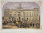 View of Buckingham Palace with a Crowd Outside Applauding Queen Victoria (1819-1901) and Prince Albert (1819-61) as they Ride Out in a Carriage, c.1855 (colour litho)