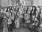 Marriage of Louis de France (1682-1712), duke of Bourgogne with Marie Adelaide de Savoie (1685-1712) in the Royal Chapel of Versailles, December 1694, in the presence of the King Louis XIV (engraving) (b/w photo)