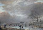 Winter Landscape with Skaters on a Frozen River (oil on panel)