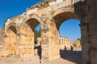 Hierapolis, Denizli Province, Turkey. Ruins of the ancient city. The northern Roman Gate, also known as the Domitian Gate, or Domitian Arch, or the Frontinus Gate. Hierapolis is a UNESCO World Heritage Site.
