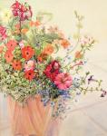 Petunias, Lobelias, Busy Lizzies and Fuschia in a Terracotta Pot (w/c)