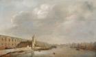 The Louvre Grande Galerie, view of Paris from the Barbier bridge (upstream), c.1640 (oil on wood)