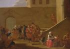 Street scene with monks distributing food to the poor (oil on silvered copper)