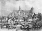 View of the Cathedral of Notre Dame, Amiens, from Pont Dudon (litho) (b/w photo)