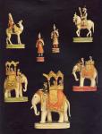 Pieces from an ivory chess set made in Delhi for Begum Samru in c.1790 (colour litho)