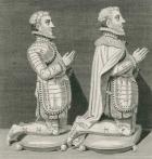 Henry Stuart, Lord Darnley and his brother Charles Stuart, Earl of Lennox, kneeling before their mother's tomb in Westminster Abbey, engraved by Andrew Birrell, 1796 (engraving)