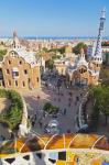 Barcelona, Spain. Pavilions at the entrance to Parc Güell. Guell Park was designed by Antoni Gaudi and is a UNESCO World Heritage Site.