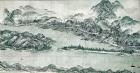 Landscape of mountains and a river in cursive style (ink on silk backed paper)