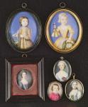Portrait Miniatures. L to R and T to B: Richard Whitmore by Bernard Lens (1682-1740); Katherine Whitmore by Bernard Lens (1682-1740); Queen Charlotte by Samuel Finney (1718-98); Unknown Boy by Thomas Redmond (1745-85); Peg Wolfington by A.B. Lens (1713-79
